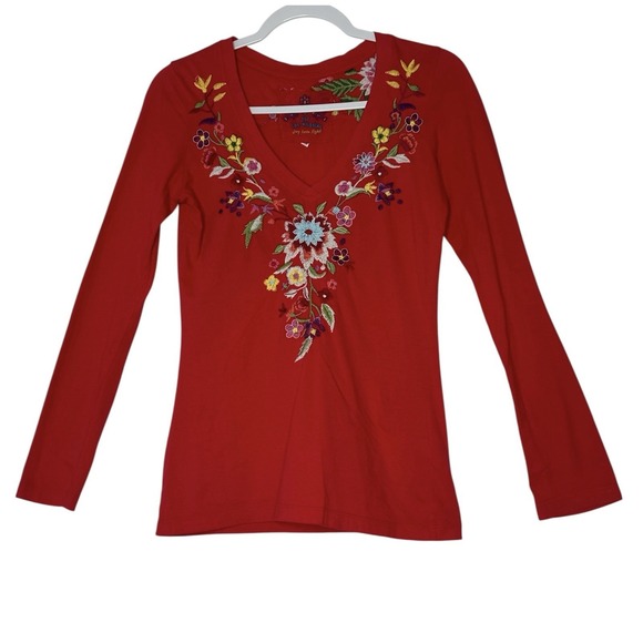 JOHNNY WAS Top Women's XS Floral Long Sleeve Bohemian Stretch Boho Embroidered - Picture 1 of 9